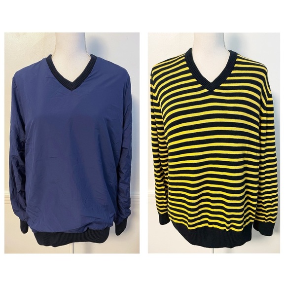 Navy Blue Yellow Striped Reversible Windbreaker/Sweater with White Zipper Side - Picture 1 of 6